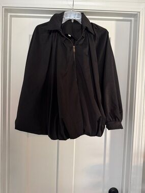 Black Zip-Front Blouson Jacket with Gathered Hem